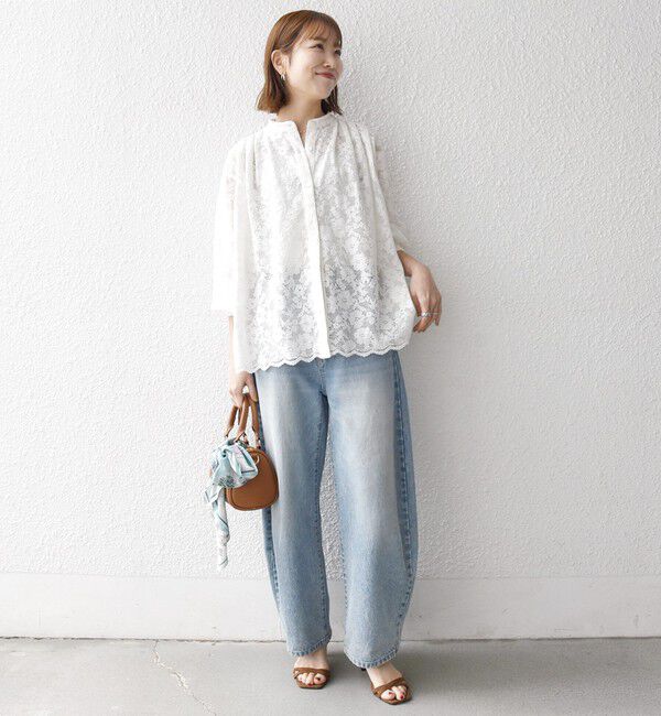 SHIPS any「SHIPS any:〈手洗い可能〉フラワー メッシュ レース バンドカラー タック シャツ」|シャツ・ブラウス|