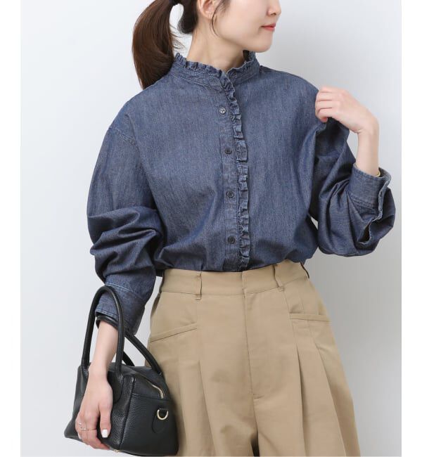 JOURNAL STANDARD relume「《追加3 / 新色》スタンドネックデニムフリルブラウス」|シャツ・ブラウス|ネイビー