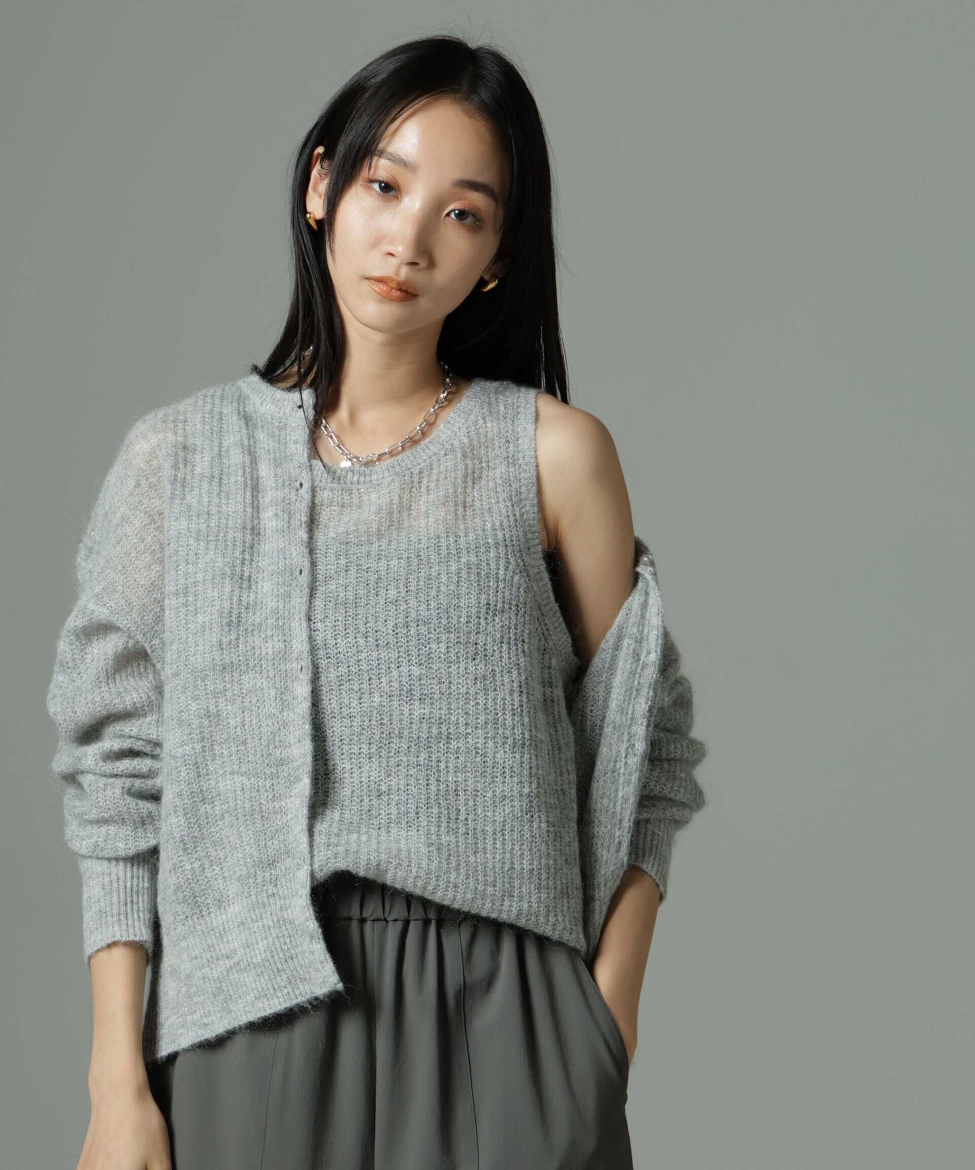 nano･universe「モヘヤ混クルーネックニットカーディガン(セットアップ可)」|ニット・セーター|グレー