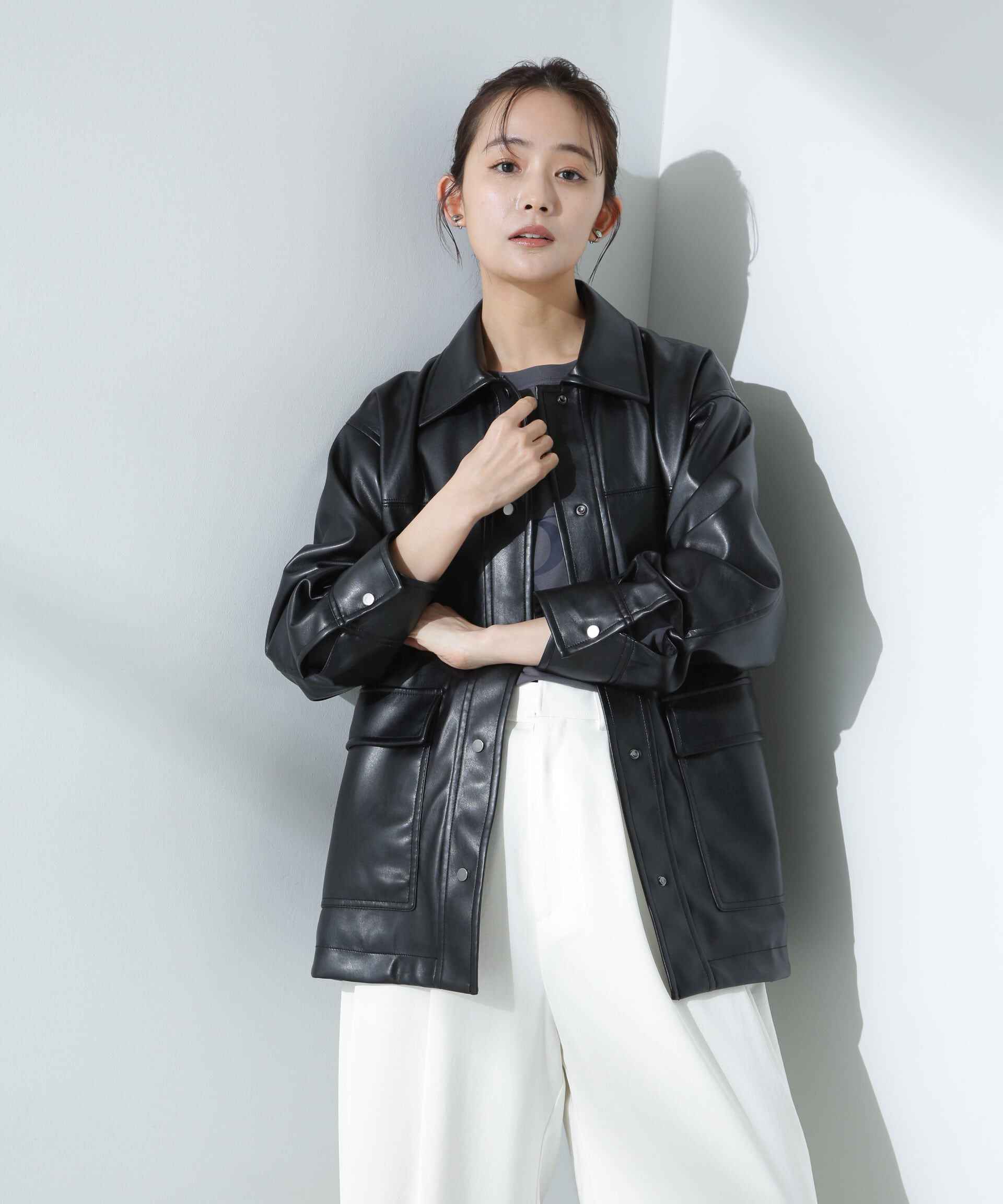 nano･universe「フェイクレザーシャツジャケット」|ブルゾン・スタジャン|