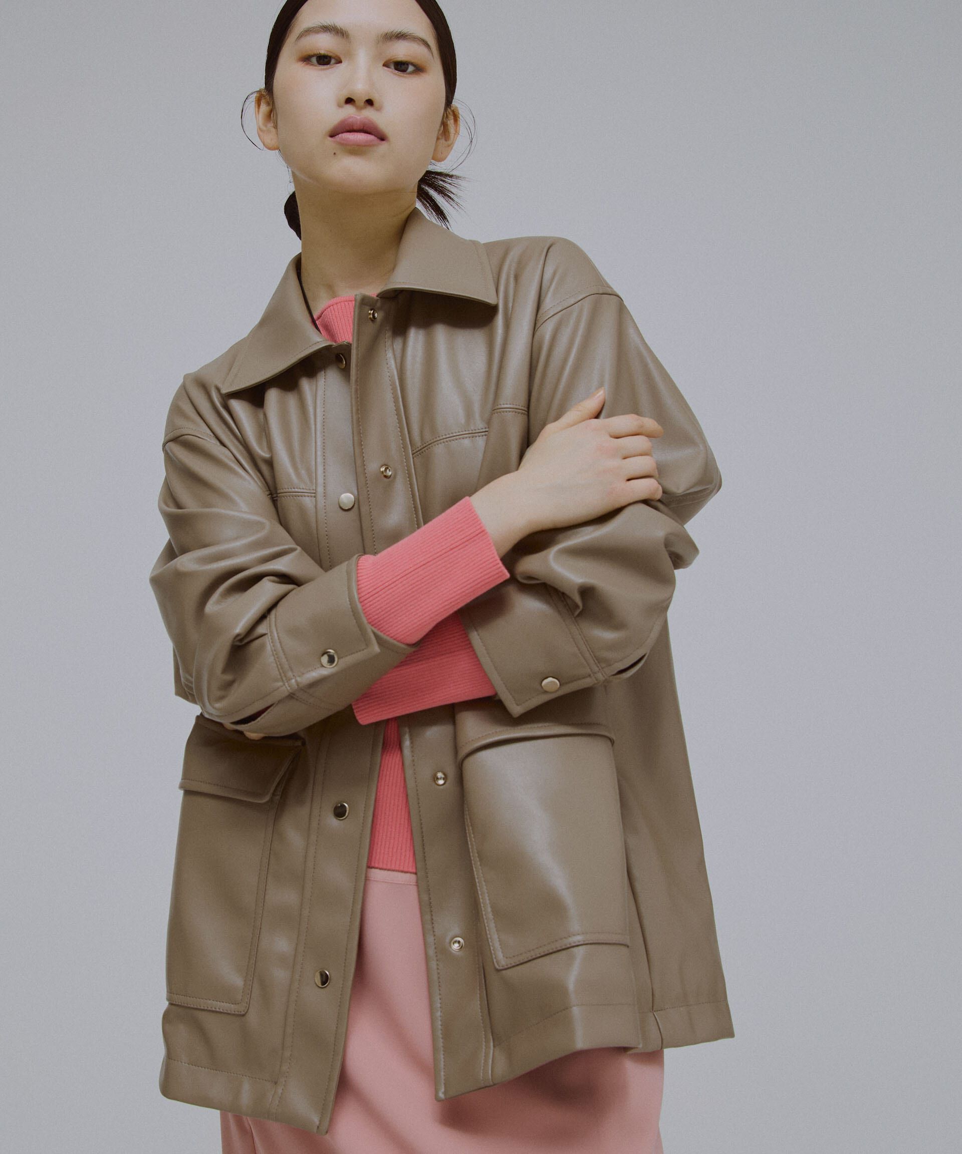 nano･universe「フェイクレザーシャツジャケット」|ブルゾン・スタジャン|モカ3