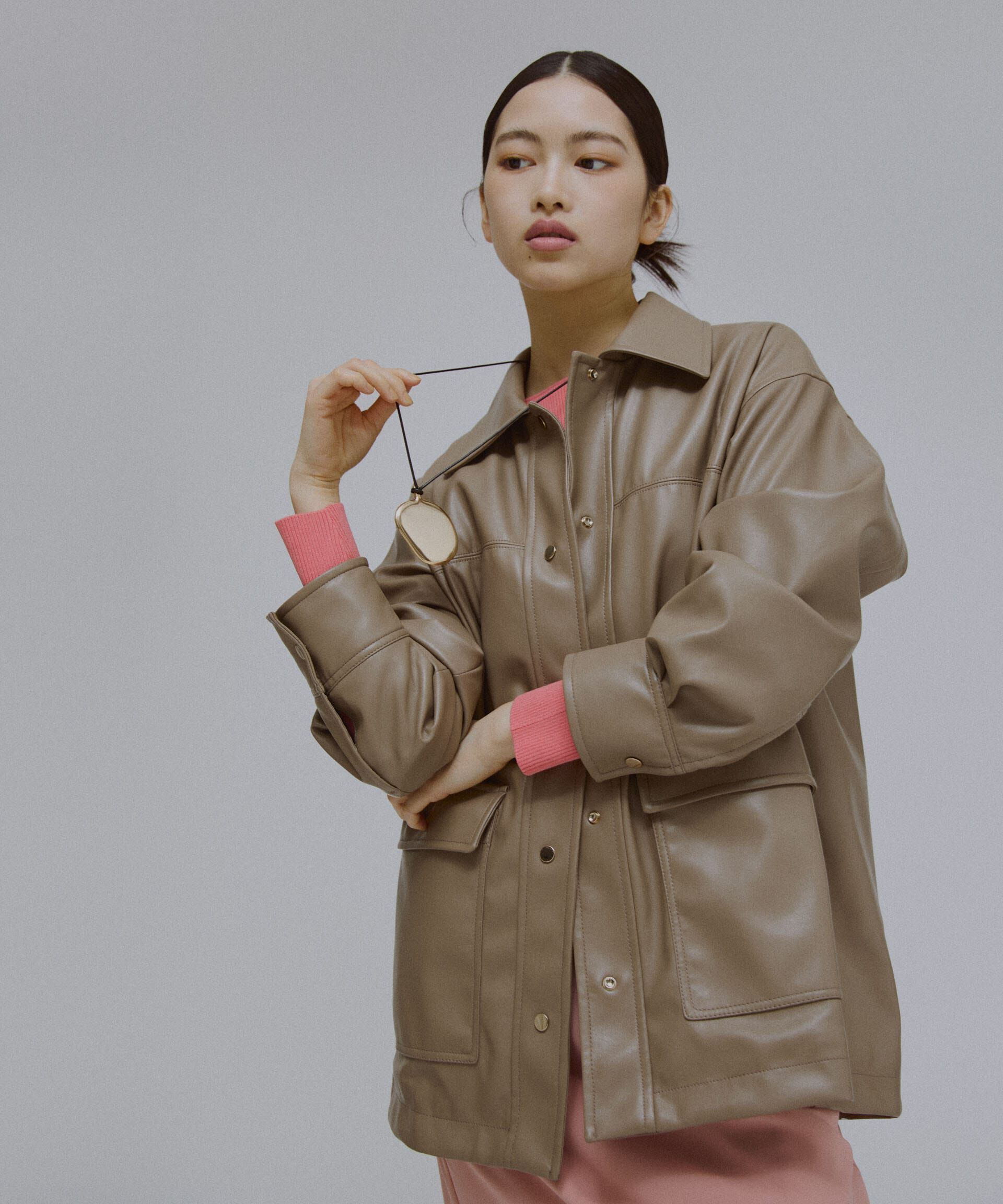 nano･universe「フェイクレザーシャツジャケット」|ブルゾン・スタジャン|