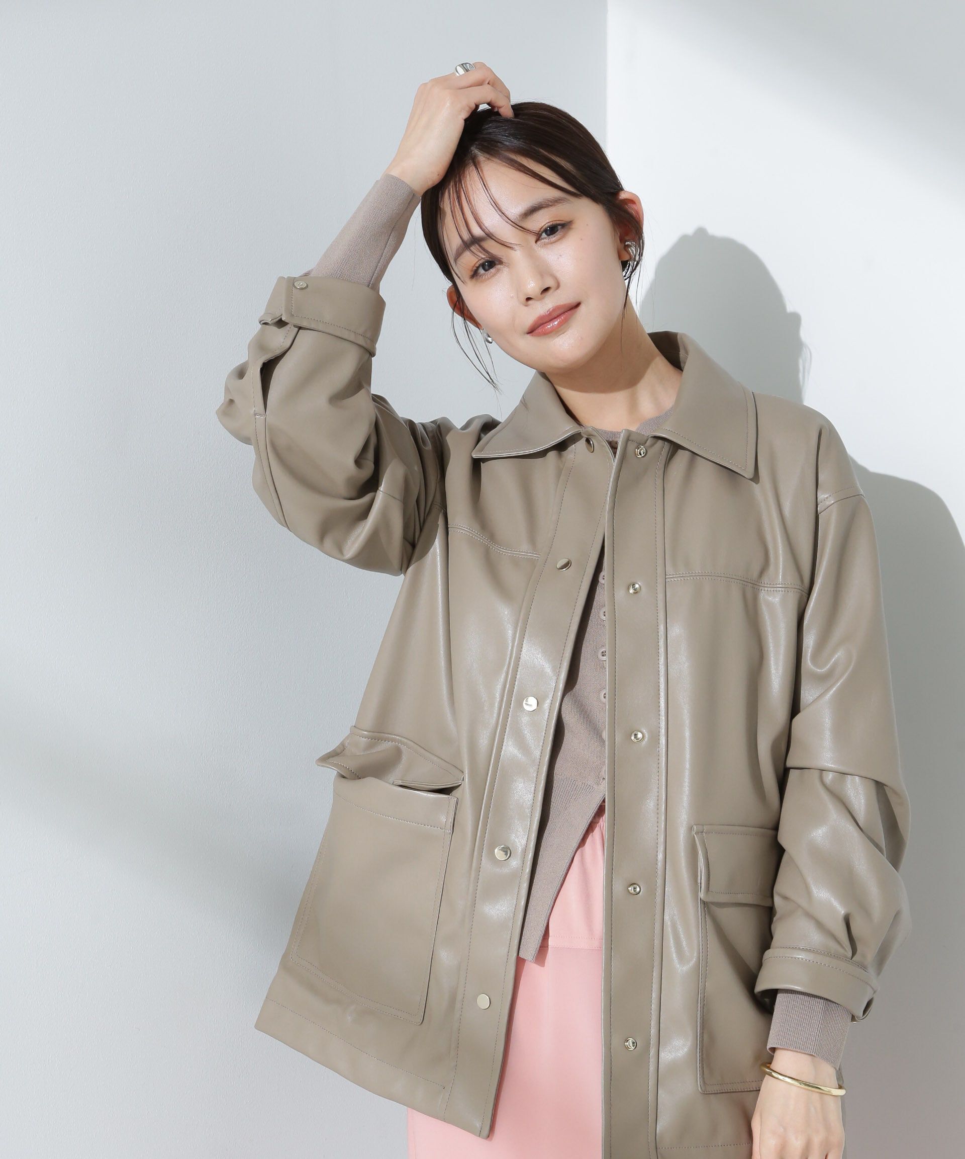 nano･universe「フェイクレザーシャツジャケット」|ブルゾン・スタジャン|