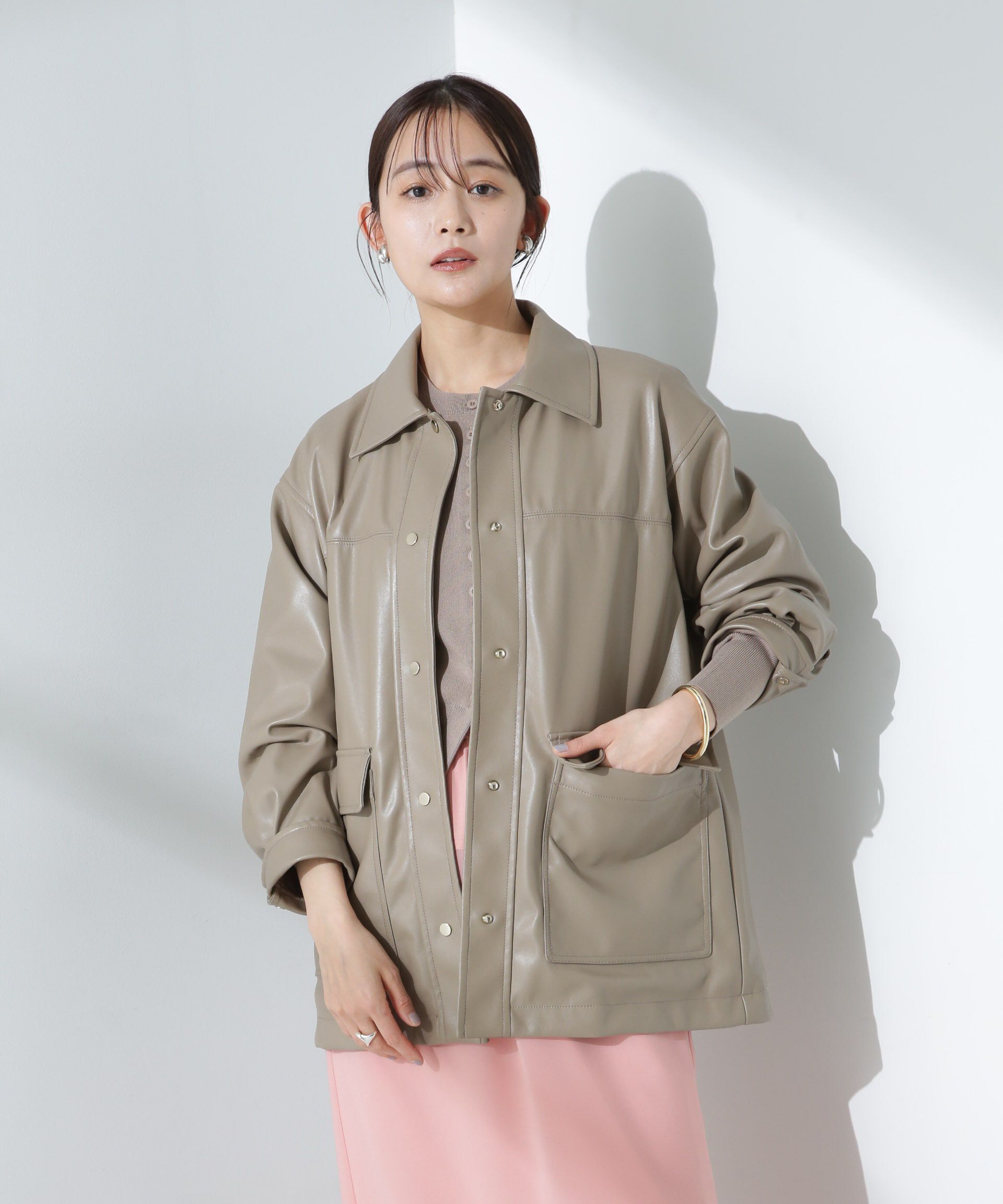 nano･universe「フェイクレザーシャツジャケット」|ブルゾン・スタジャン|