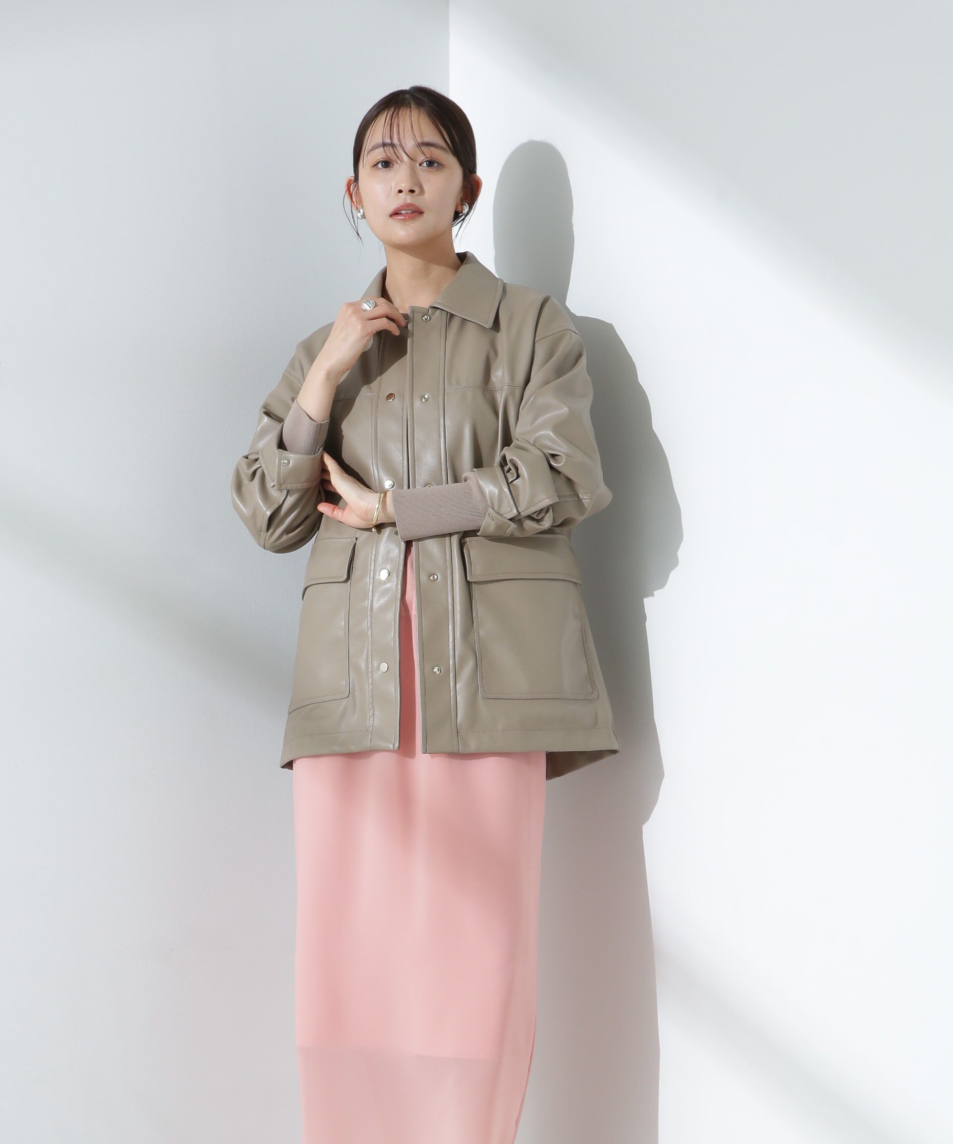 nano･universe「フェイクレザーシャツジャケット」|ブルゾン・スタジャン|