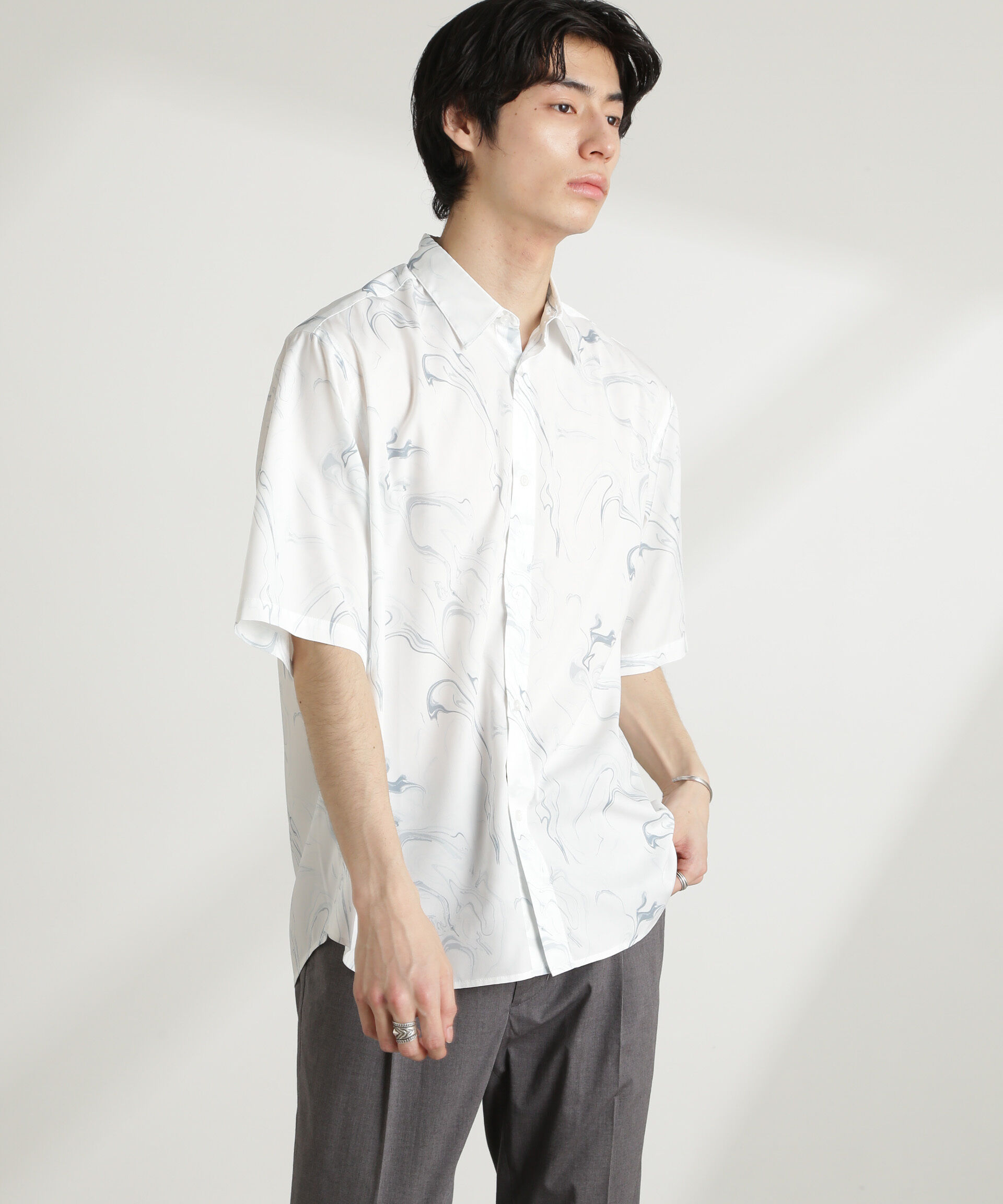 nano･universe「マーブルパターンシャツ 半袖」|シャツ・ブラウス|ホワイト
