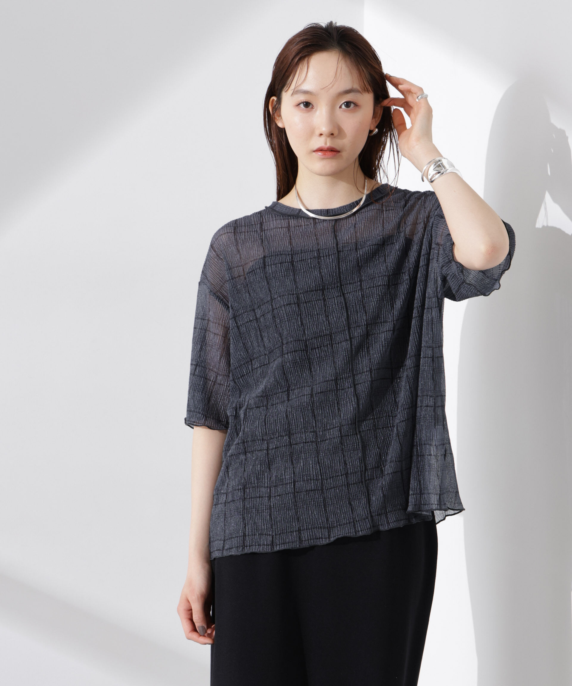 nano･universe「楊柳チェックシアーカットTシャツ」|Tシャツ・カットソー|