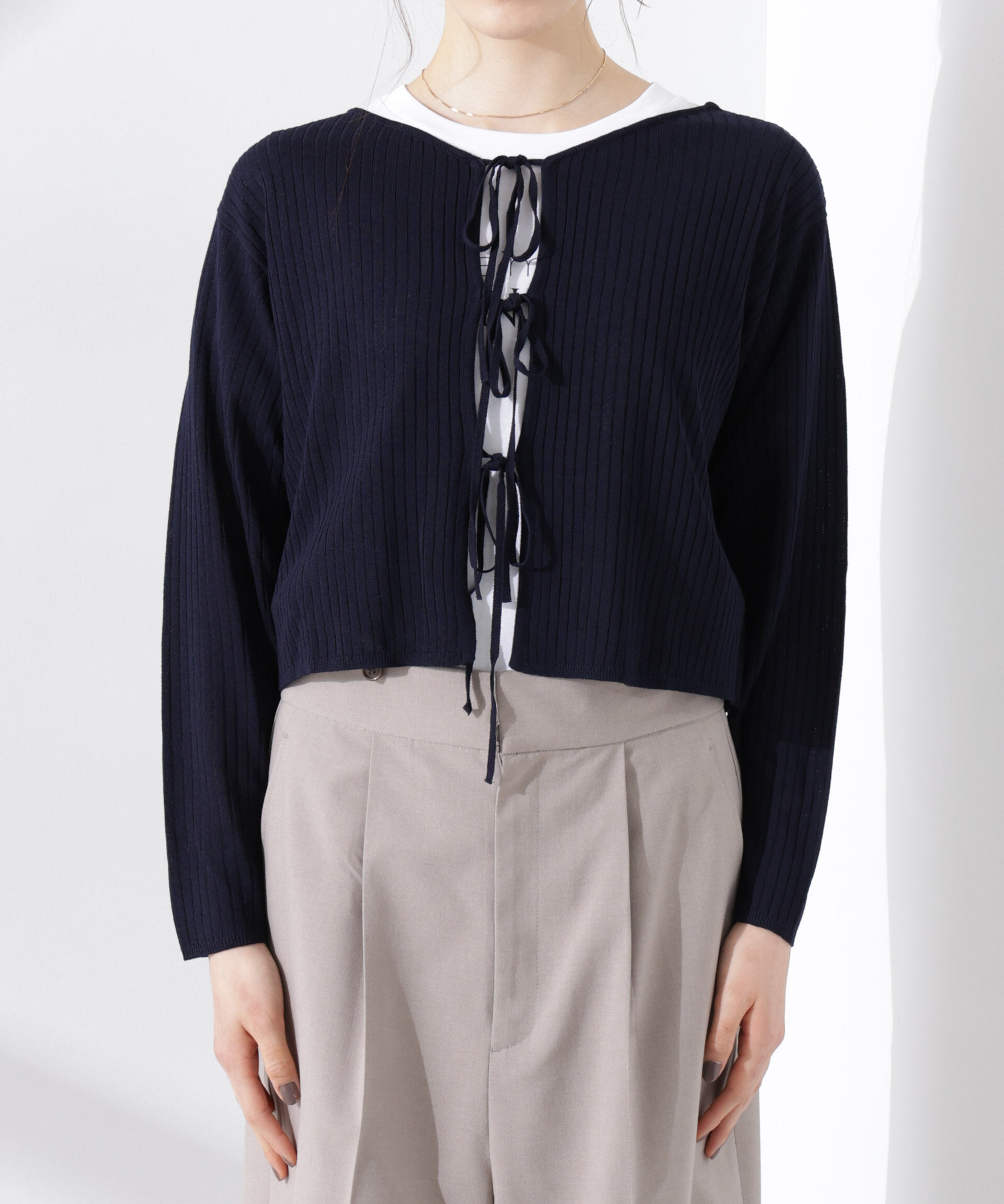 nano･universe「前後2wayリボン開きカーディガン」|ニット・セーター|