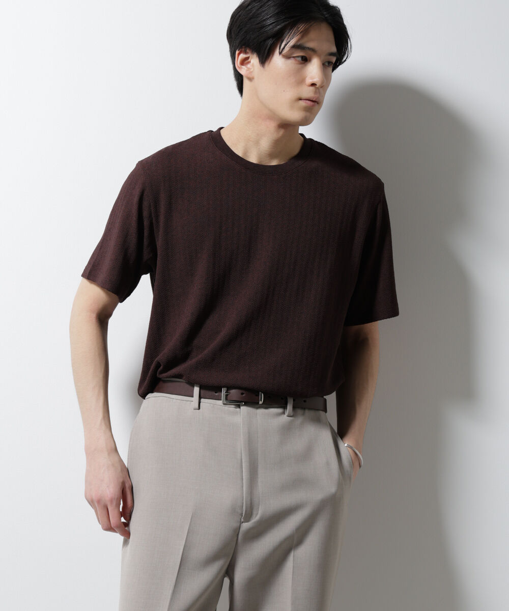 nano･universe「｢Damerino｣ヘリンボンクルーネックTシャツ/防シワ・吸水速乾・UVカット」|Tシャツ・カットソー|ブラウン