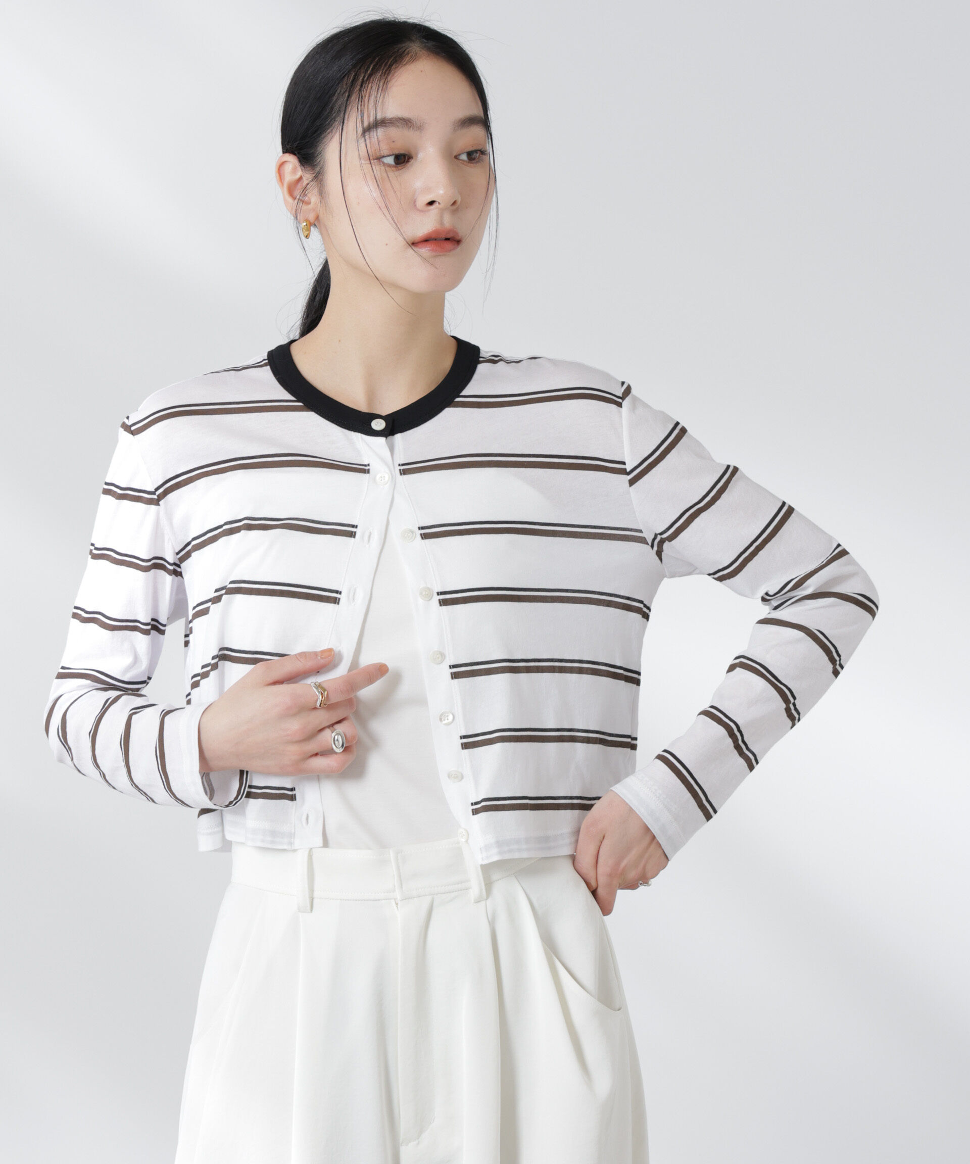 nano･universe「ボーダーシアーコットンカーディガン」|Tシャツ・カットソー|パターン21