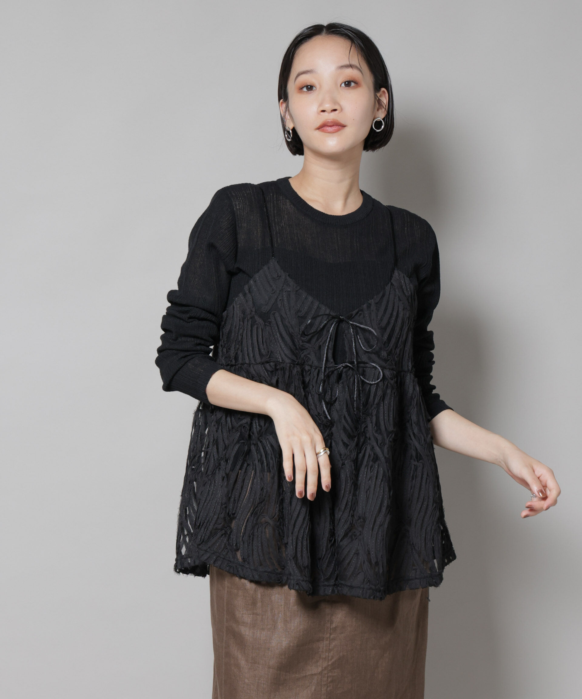 nano･universe「テープ刺繍チュール前後2wayキャミソールビスチェ(セットアップ可)」|シャツ・ブラウス|