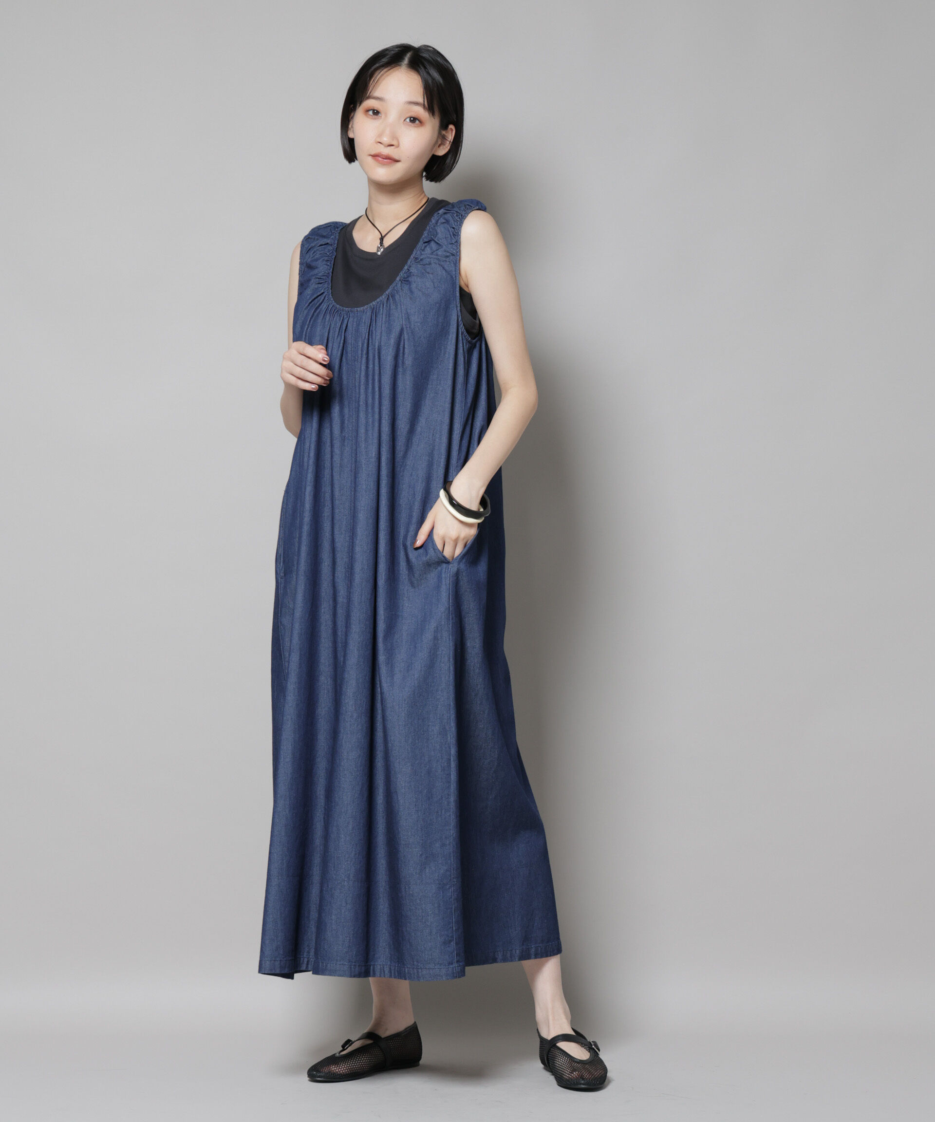 nano･universe「ギャザーデザインフレアデニムワンピース」|ワンピース|