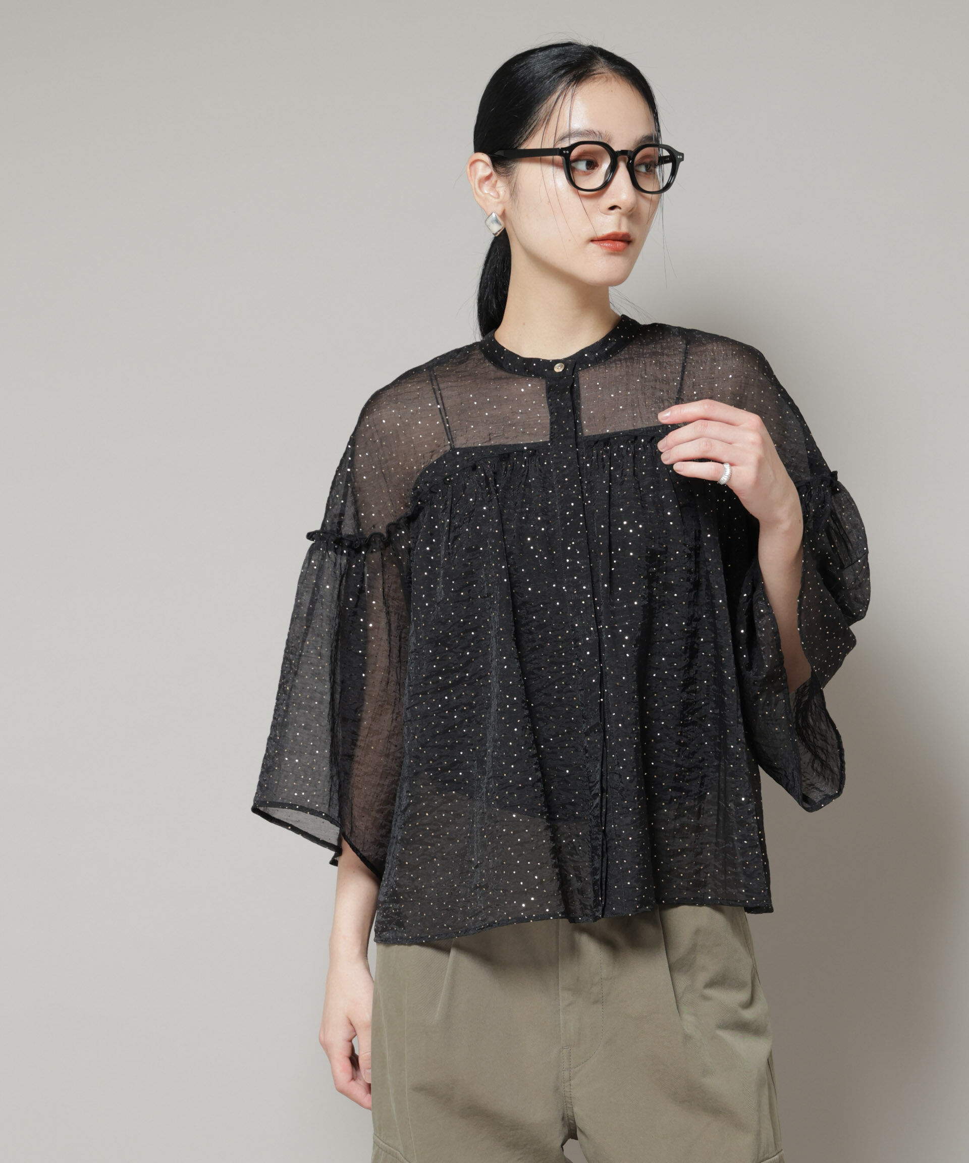 nano･universe「グリッタードットギャザーブラウス」|シャツ・ブラウス|ブラック