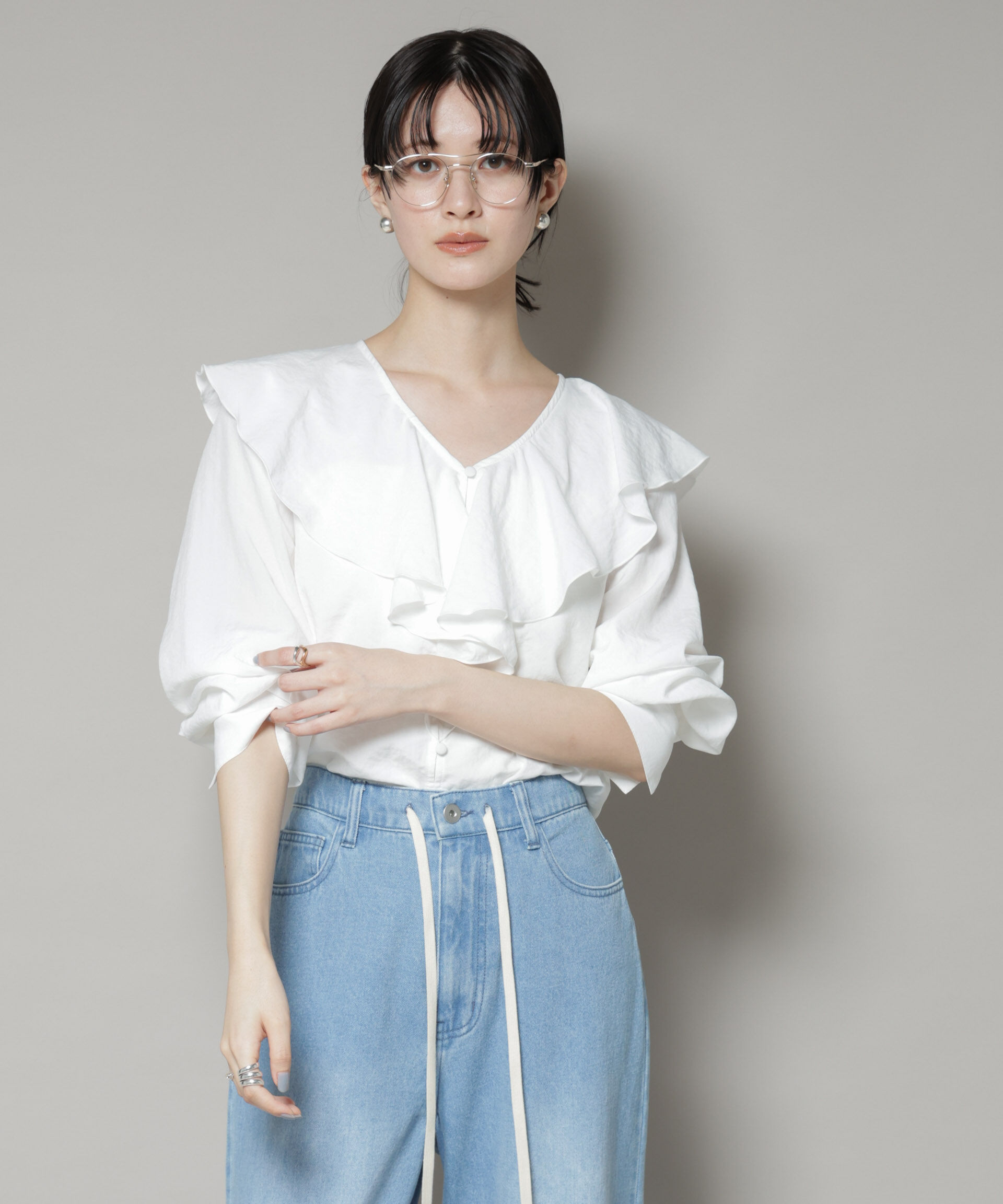 nano･universe「ビンテージポプリンラッフルカラーブラウス」|シャツ・ブラウス|ホワイト