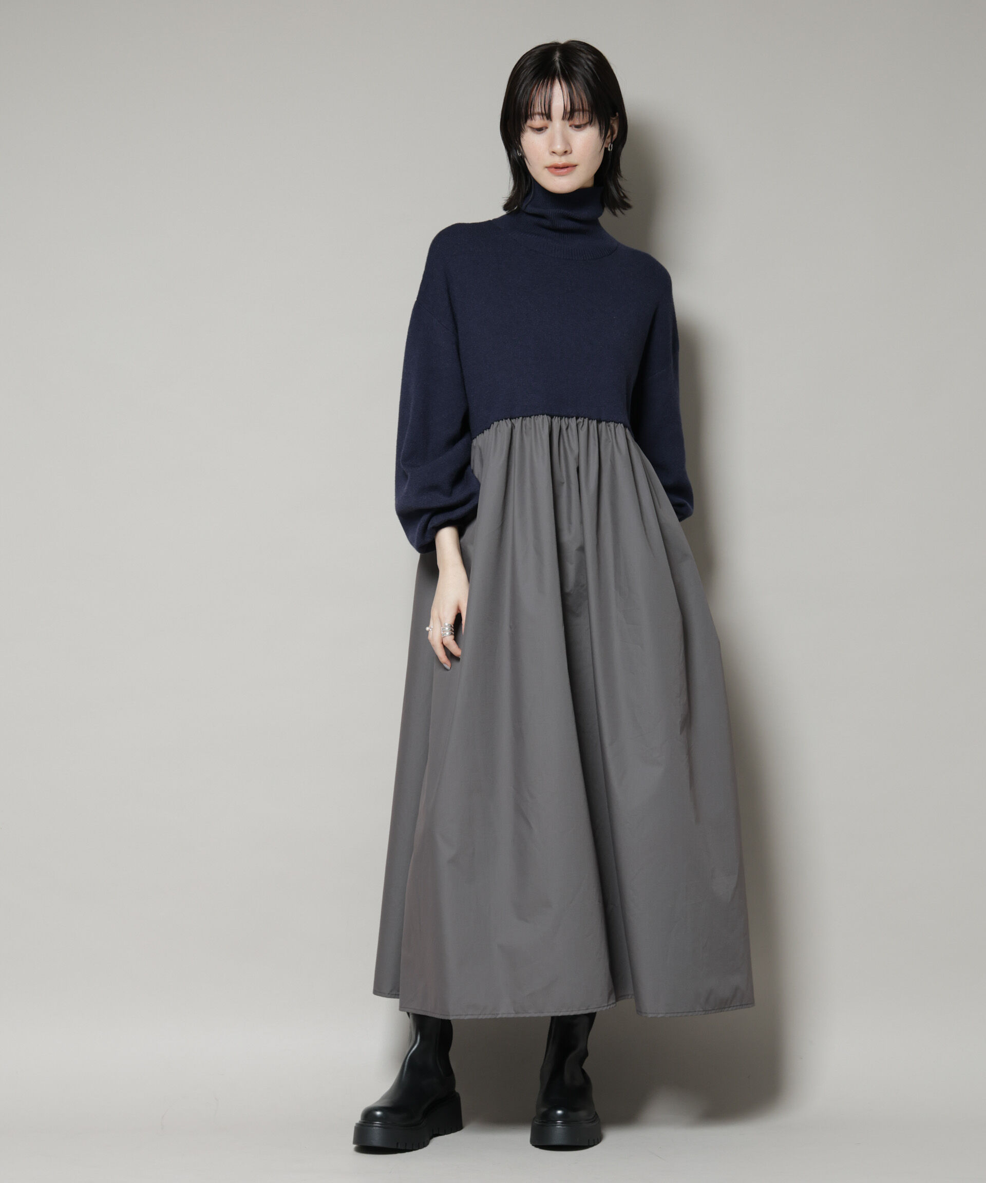 nano･universe「異素材コンビドッキングタートルワンピース」|ワンピース|ネイビー