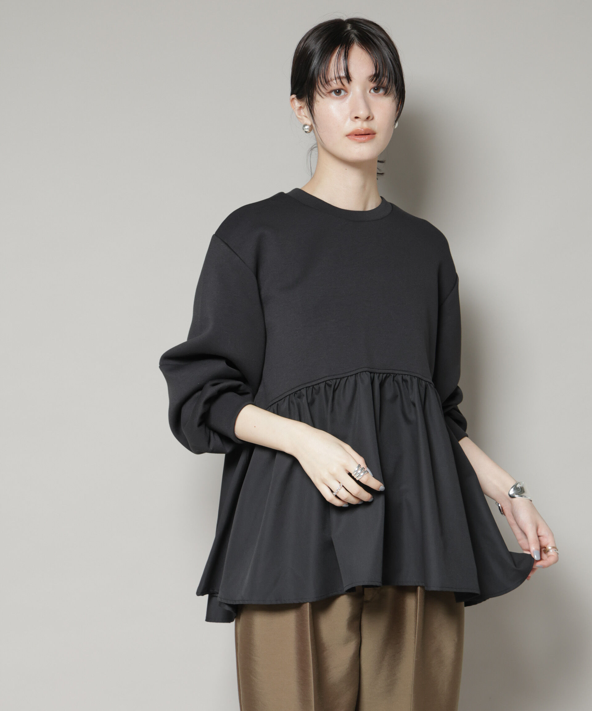 nano･universe「布帛コンビペプラムカットトップス」|Tシャツ・カットソー|ブラック