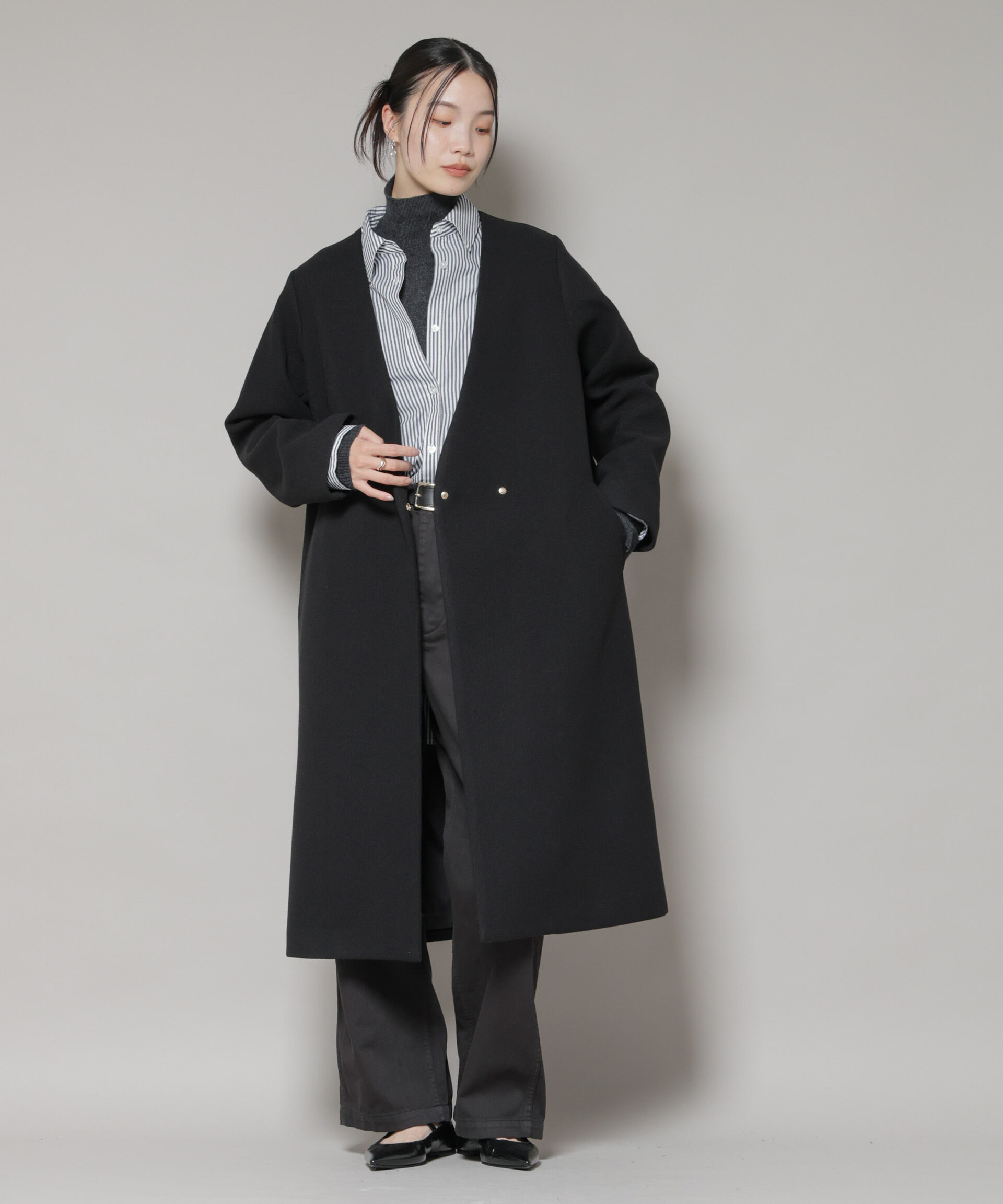 nano･universe「Vネックノーカラーコート」|その他|ブラック