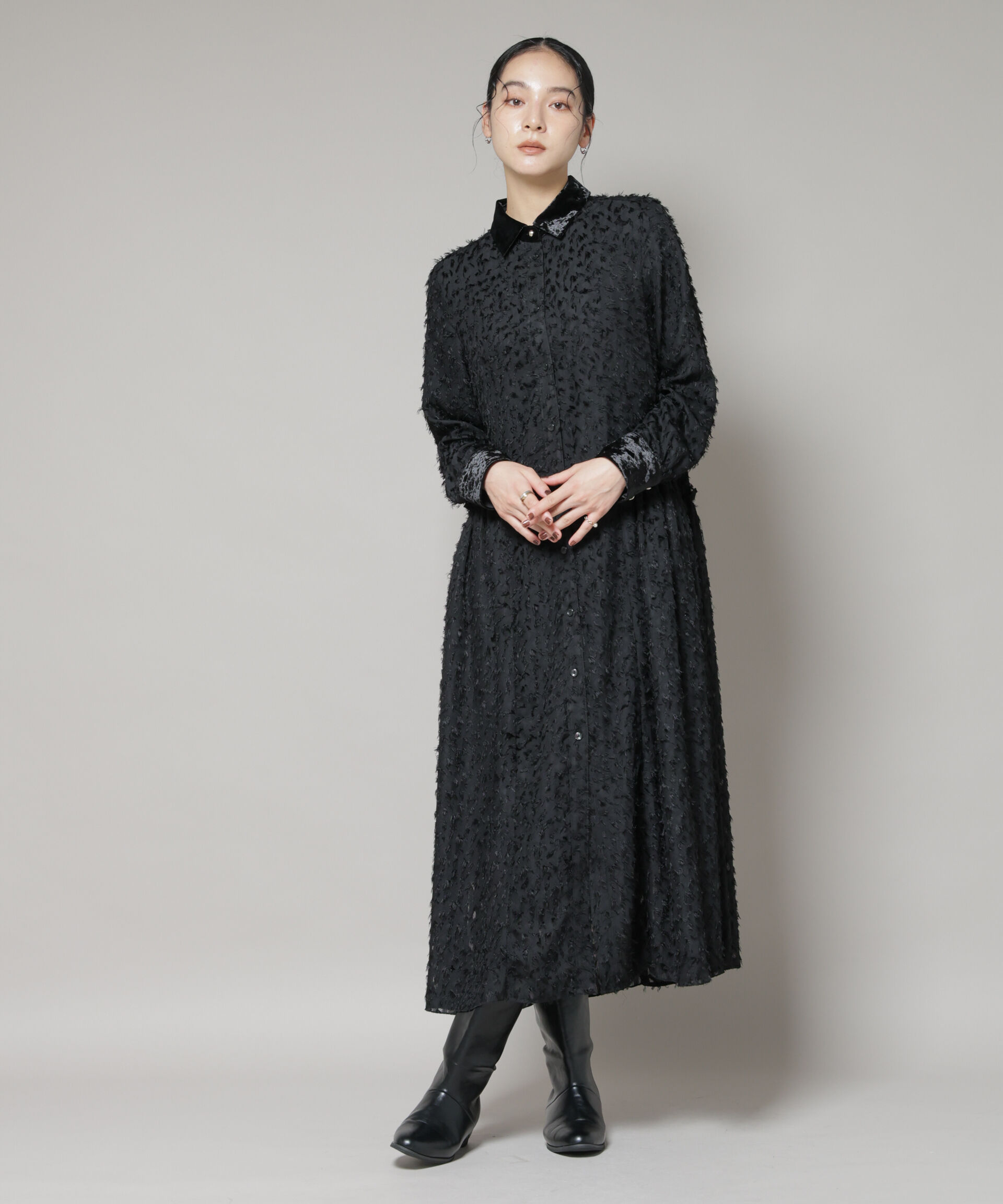 nano･universe「フリンジジャガードナローシャツワンピース」|ワンピース|ブラック