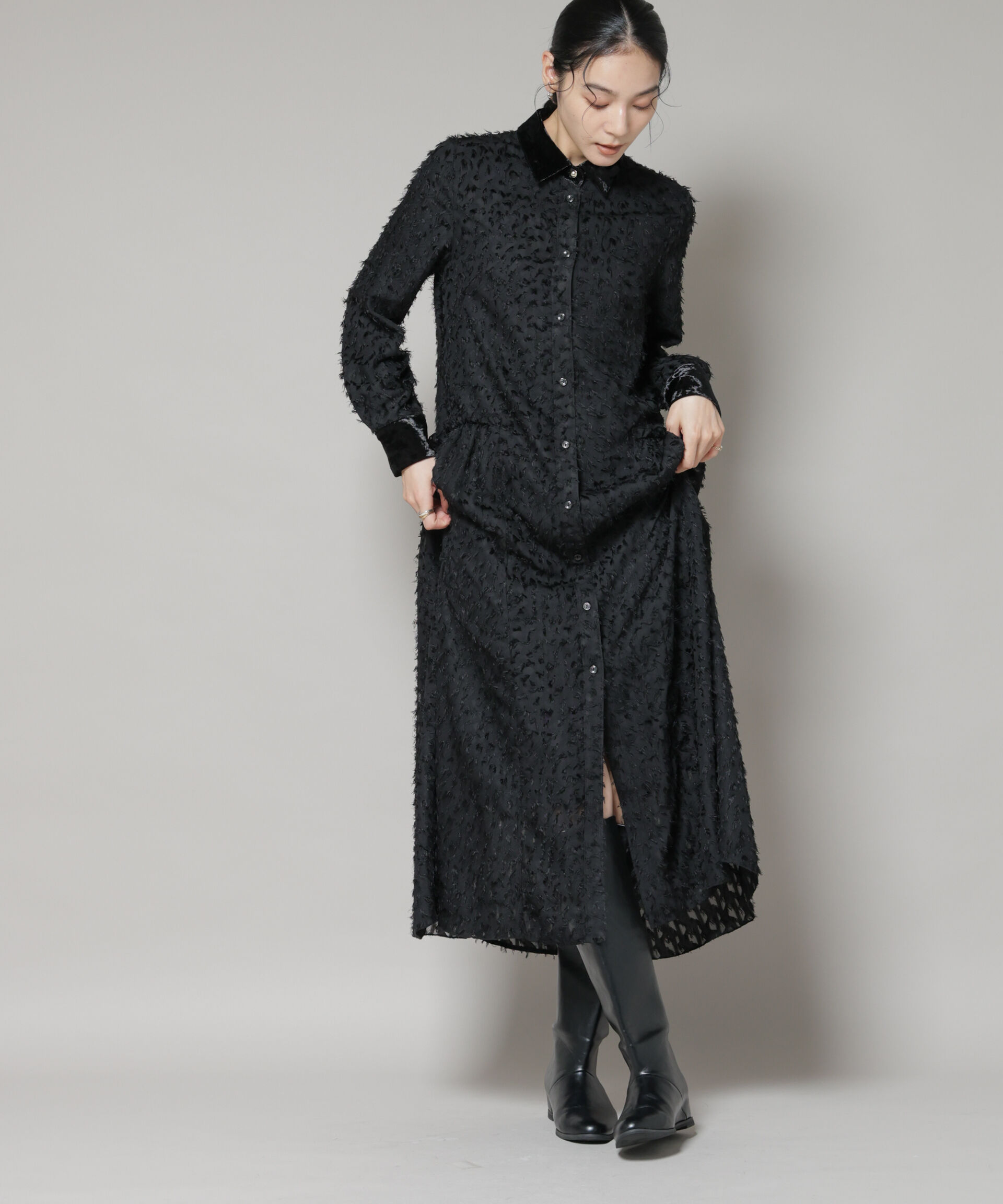 nano･universe「フリンジジャガードナローシャツワンピース」|ワンピース|