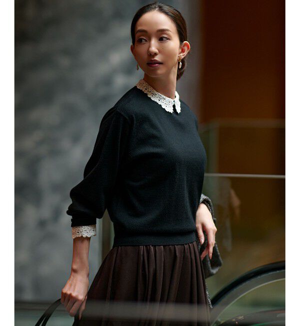 23区「【洗える】エンブロイダリー フラワーレースコンビ ニット」|ニット・セーター|ブラック系