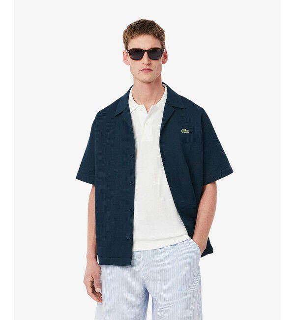 LACOSTE「ワッフルニットオープンカラーシャツ」|シャツ・ブラウス|ダークブルー