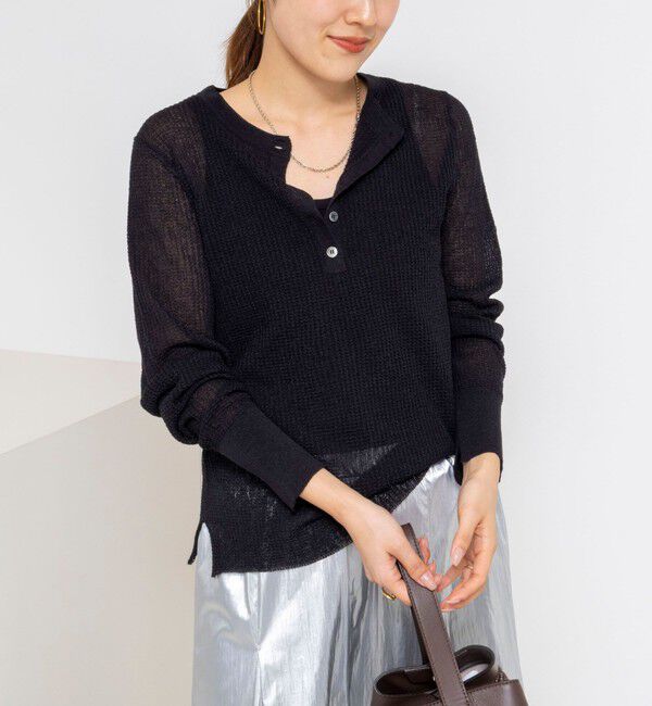 NOLLEY'S「《手洗い可能》ギマポリコットンワッフルヘンリーネックプルオーバー」|ニット・セーター|ブラック