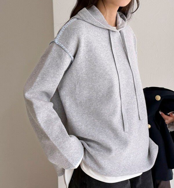 fredy emue「フード付き配色ステッチニットプルオーバー」|ニット・セーター|ライトグレー