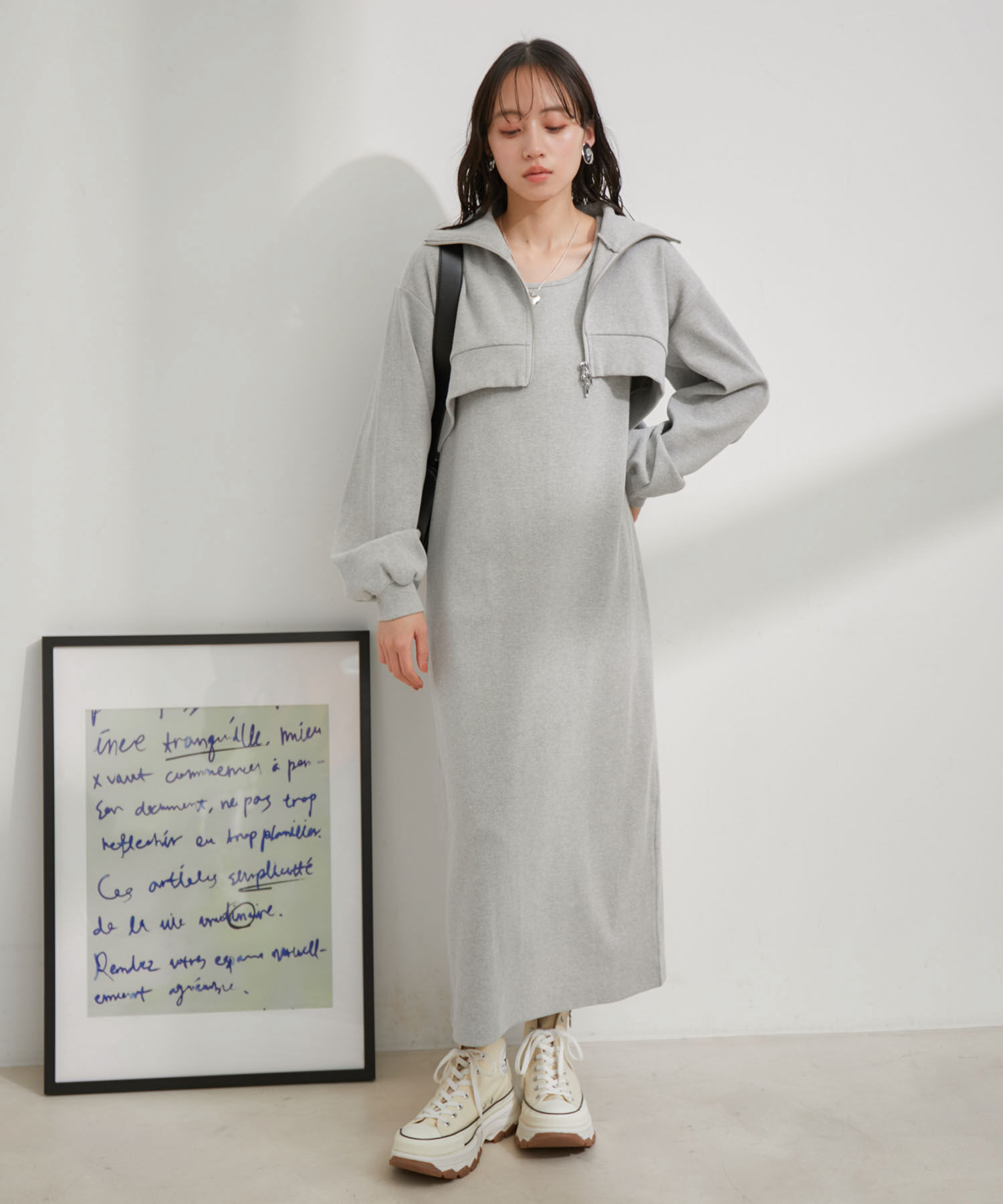 VIS「【洗える】ショートジップカーディガン/リブカットソーワンピース【SET】」|ワンピース|