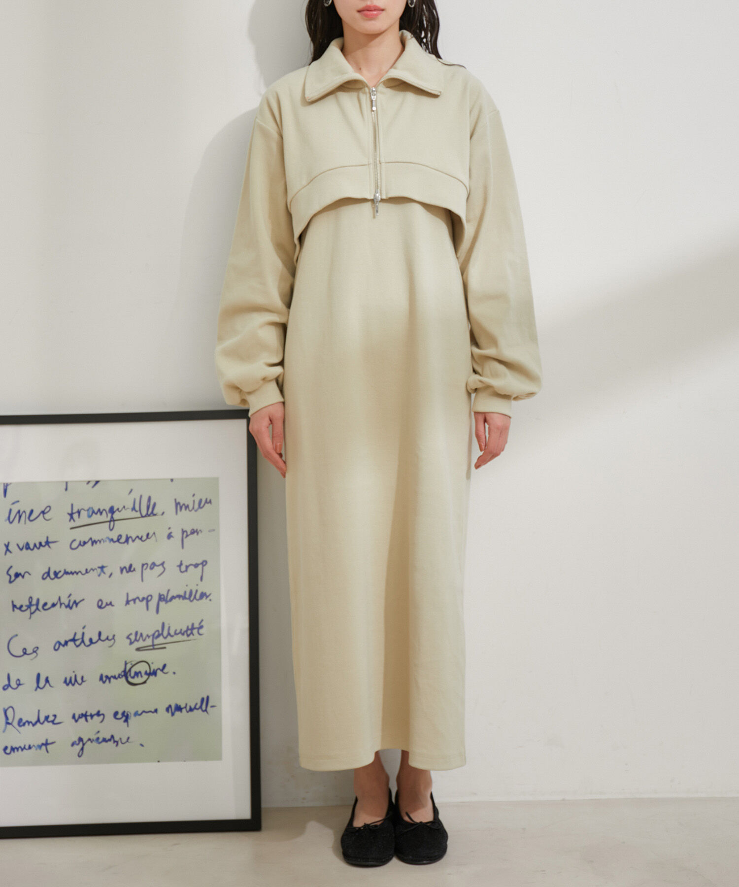 VIS「【洗える】ショートジップカーディガン/リブカットソーワンピース【SET】」|ワンピース|