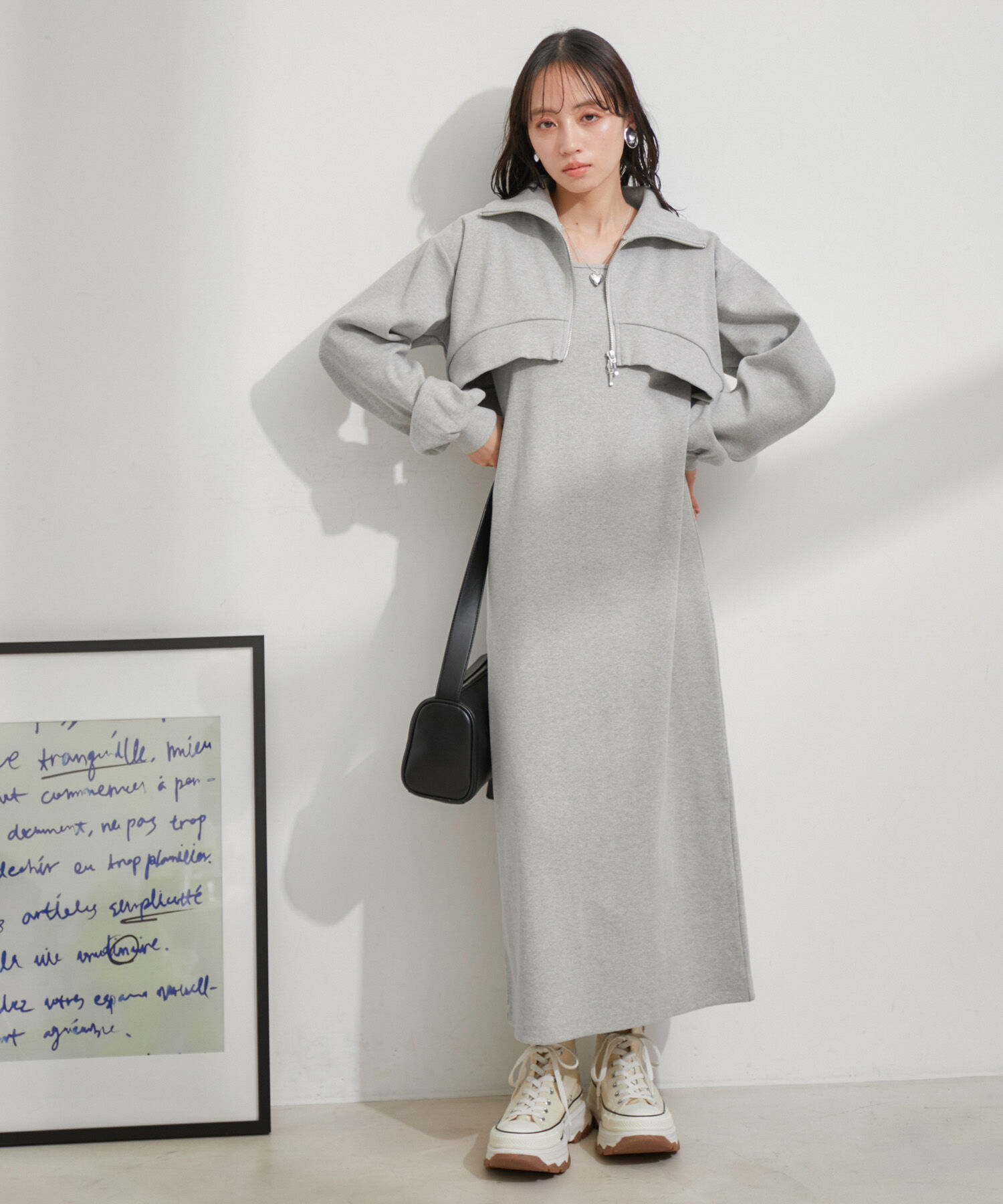 VIS「【洗える】ショートジップカーディガン/リブカットソーワンピース【SET】」|ワンピース|