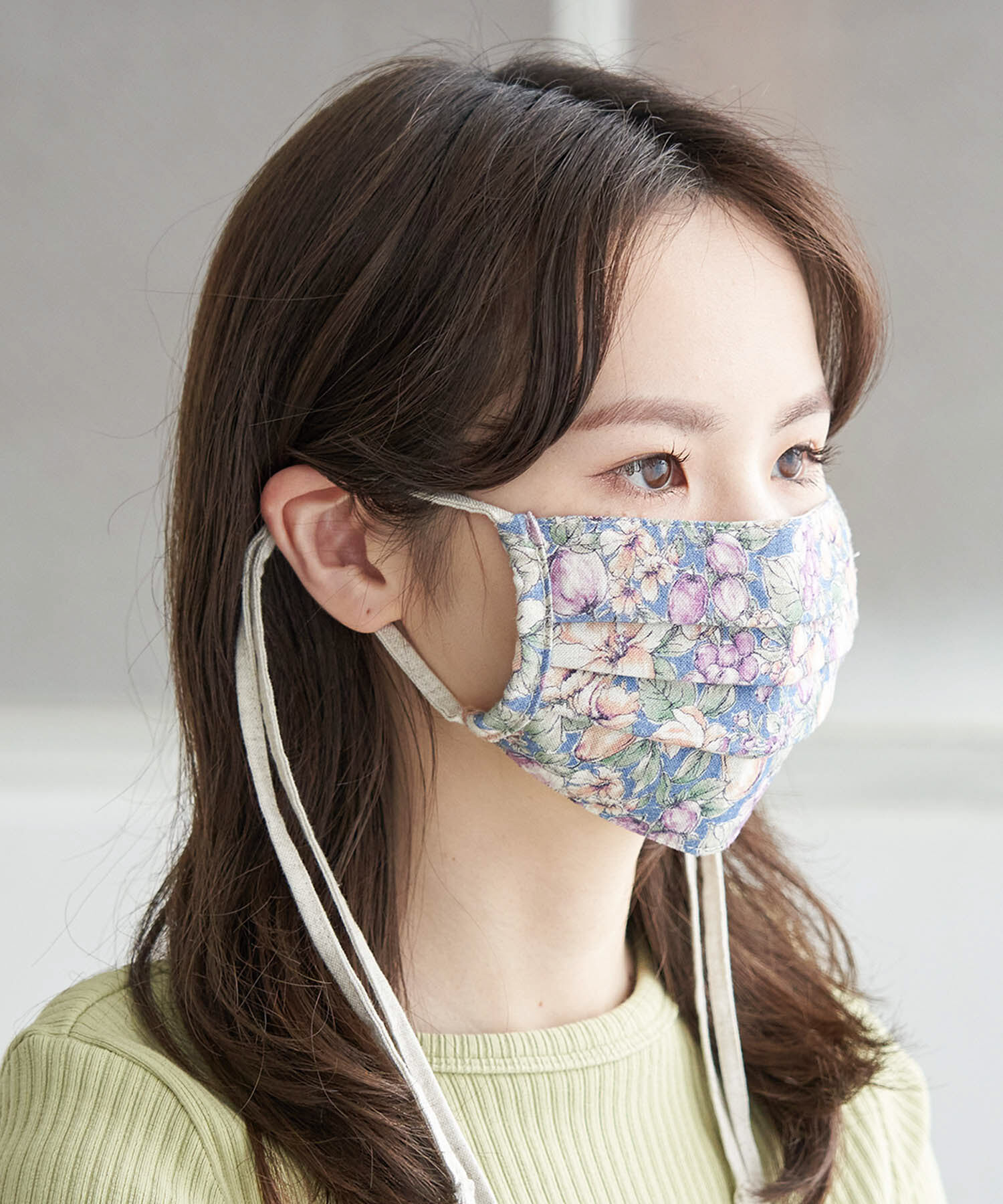 ROPE PICNIC PASSAGE「【UVカット】【接触冷感・吸水速乾】リネン混ヴィンテージライクフルーツプリントプリーツマスク」|その他|ブルー系(45)