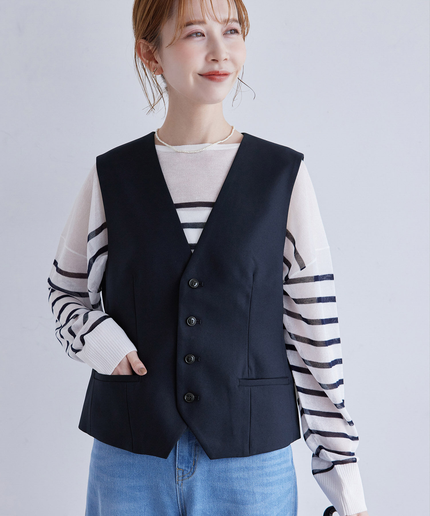 Rope&rsquo;Picnic「ブライトシリーズ/ノーカラーベスト/セットアップ対応」|ベスト・ジレ|ネイビー(40)