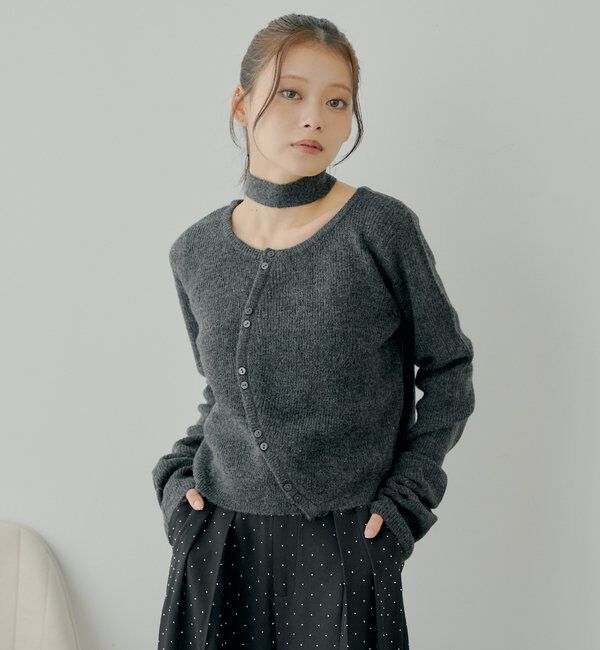  「チョーカー付きラウンドボタンコンパクトカーディガン」|カーディガン|