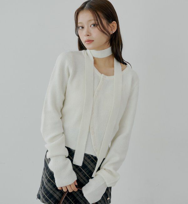  「チョーカー付きラウンドボタンコンパクトカーディガン」|カーディガン|