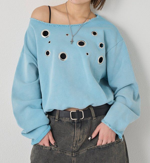  「FRONT EYELET OFF-SHOULDER SWEATSHIRT」|Tシャツ・カットソー|サックスブルー
