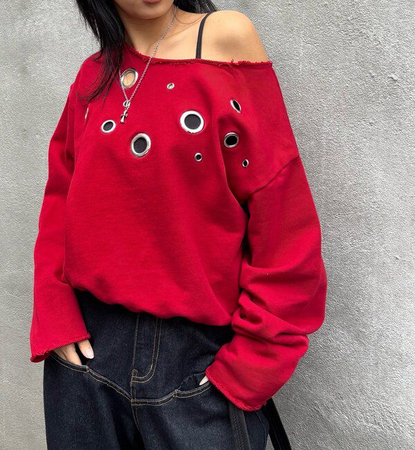  「FRONT EYELET OFF-SHOULDER SWEATSHIRT」|Tシャツ・カットソー|レッド