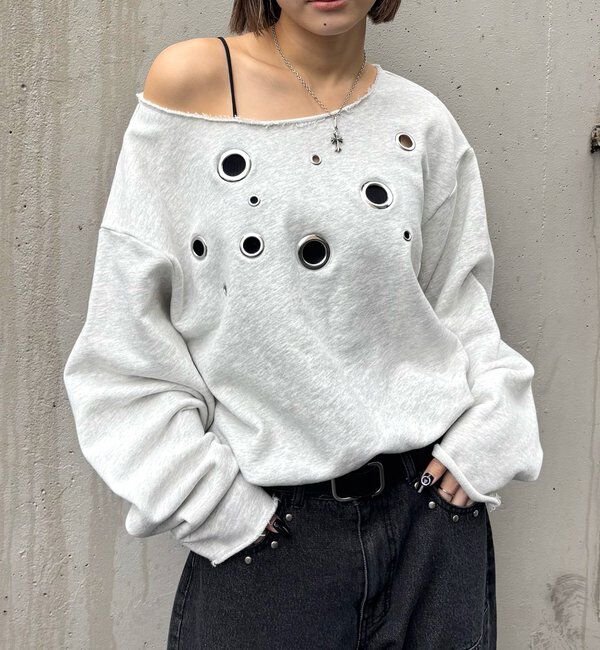  「FRONT EYELET OFF-SHOULDER SWEATSHIRT」|Tシャツ・カットソー|ライトグレー