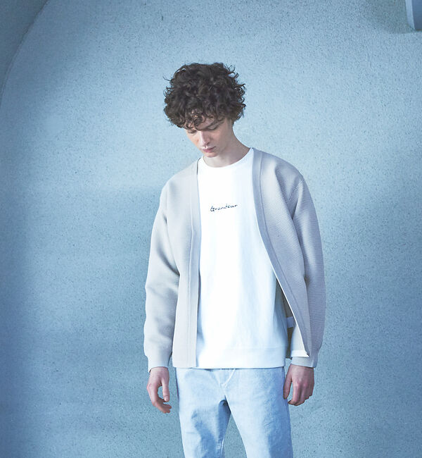 ABAHOUSE「【ウォッシャブル】リップルボーダー ボタンレス ニット カーディガン」|カーディガン|グレージュ