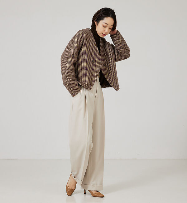 qualite「千鳥チェックショートコート」|ノーカラーコート|