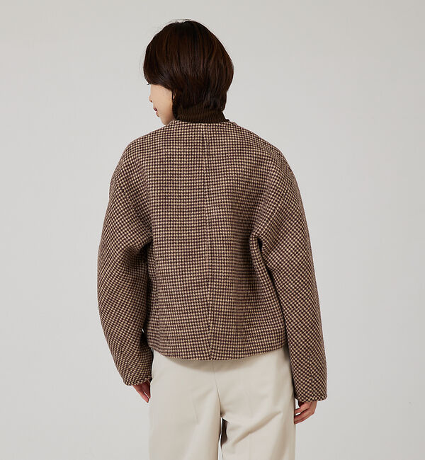 qualite「千鳥チェックショートコート」|ノーカラーコート|