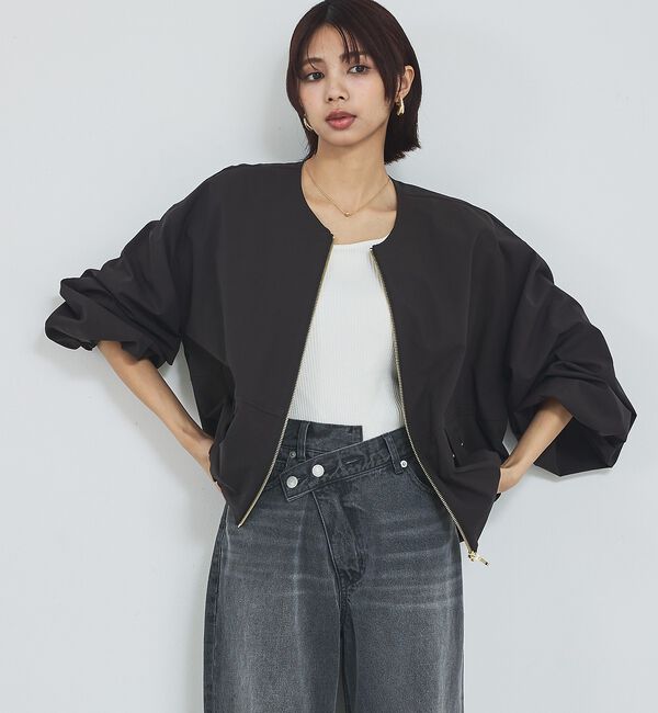 abahouse mavie「【撥水加工】ノーカラーショートブルゾン/春服/ライトアウター/長袖/きれいめ」|ブルゾン・スタジャン|