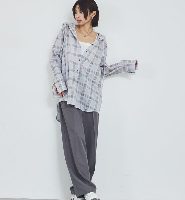 abahouse mavie「【シアー素材】チェックフードシャツ/春服/夏服/ゆったり/羽織り【予約】」|シャツ・ブラウス|