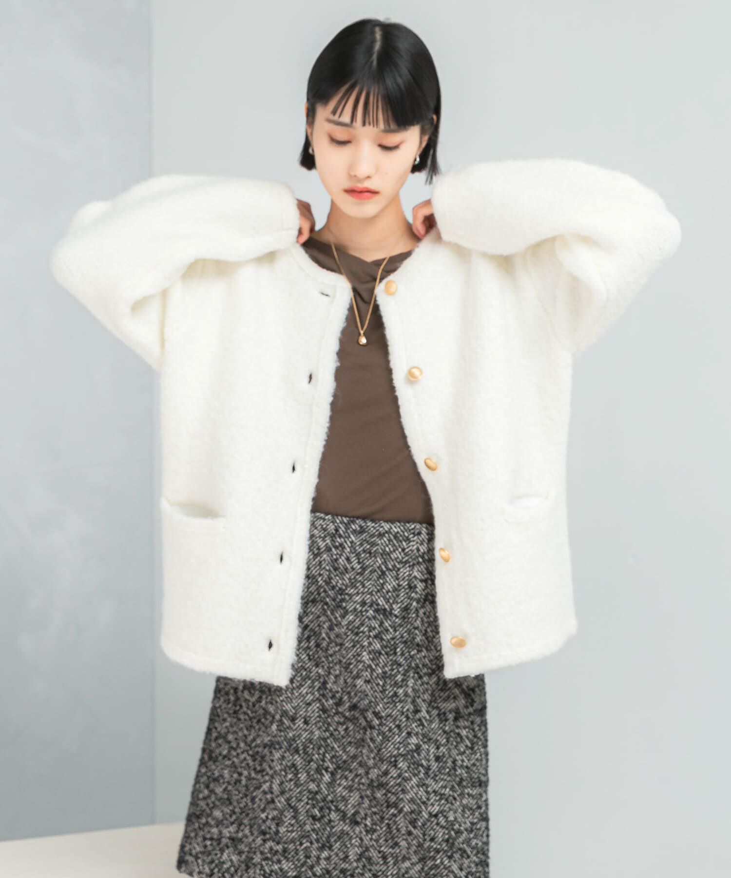 URBAN RESEARCH ROSSO「『WEB/一部店舗限定』ウール混ブークレニットジャケット」|ノーカラーコート|