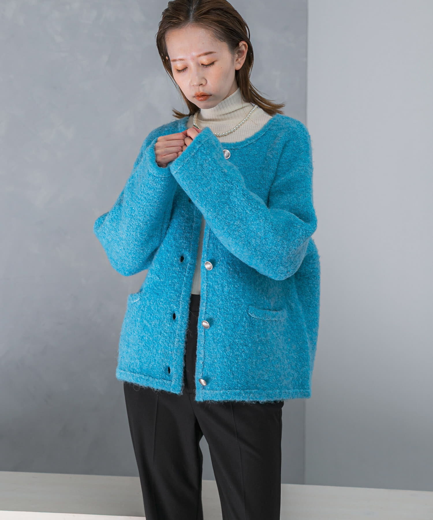 URBAN RESEARCH ROSSO「『WEB/一部店舗限定』ウール混ブークレニットジャケット」|ノーカラーコート|ブルー