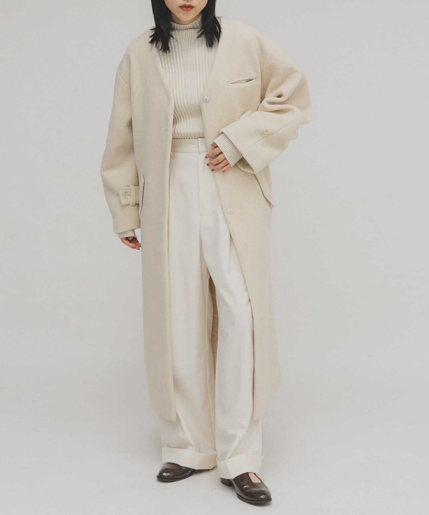  「テディボアロングコート」|ノーカラーコート|