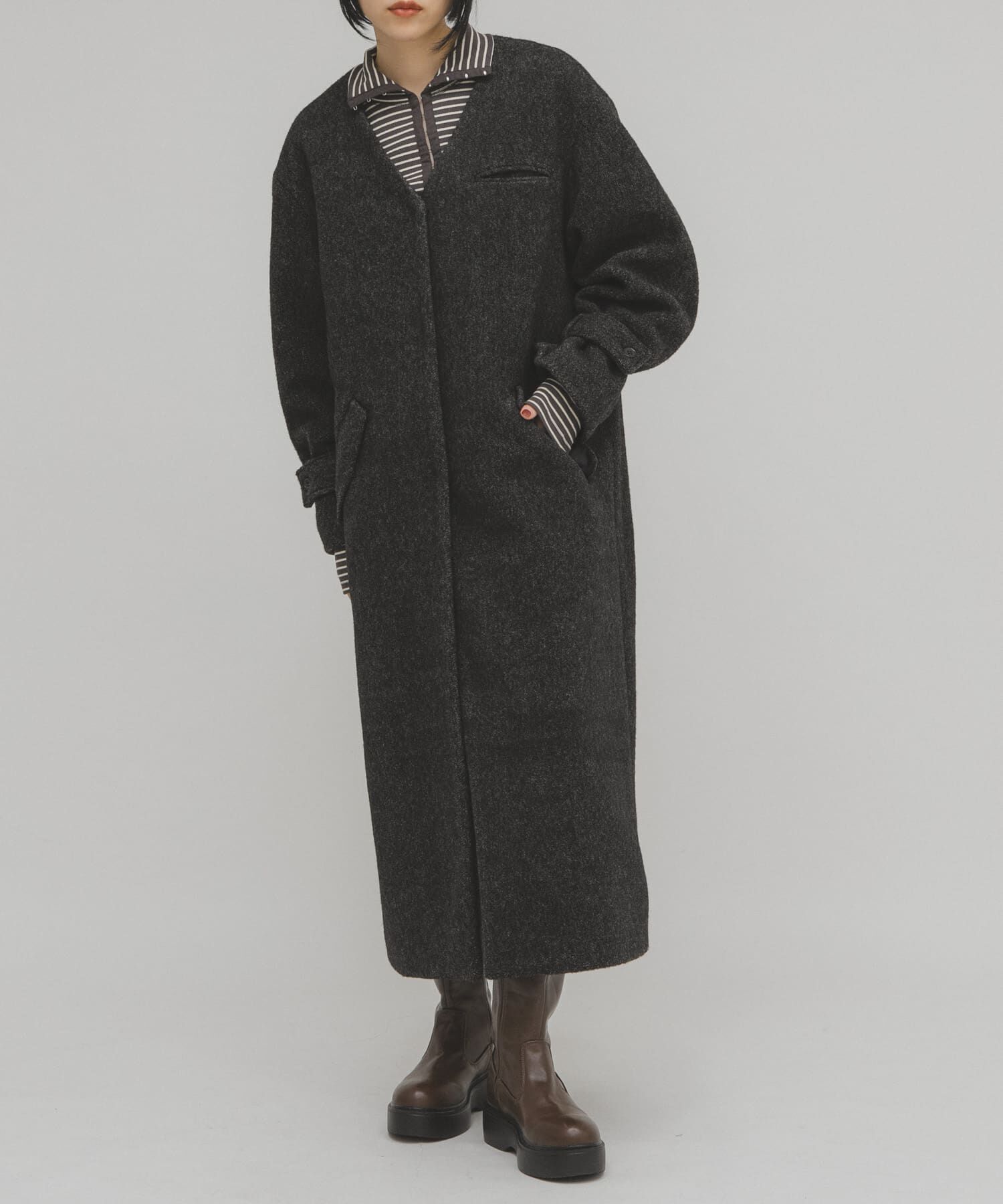  「テディボアロングコート」|ノーカラーコート|