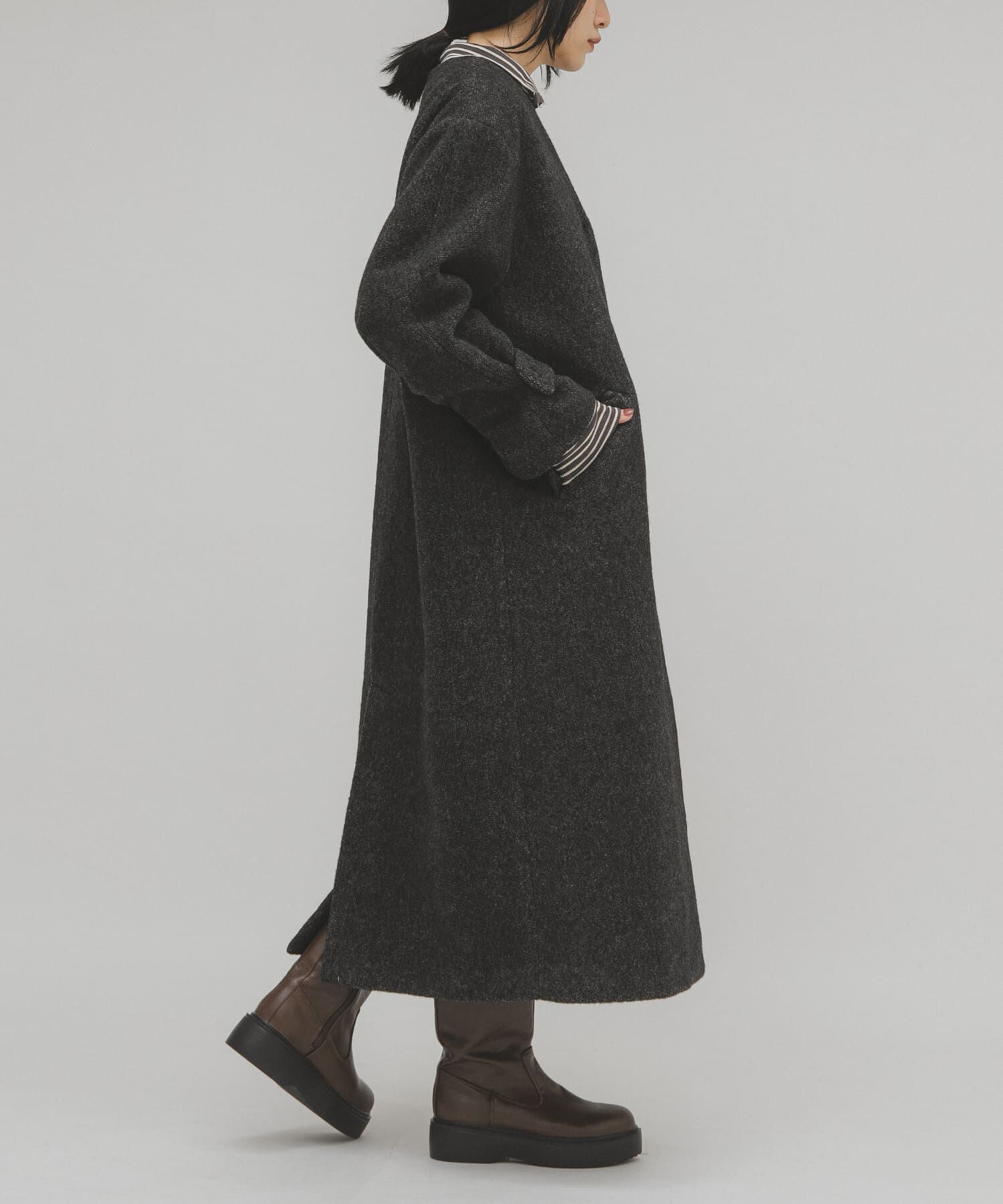  「テディボアロングコート」|ノーカラーコート|