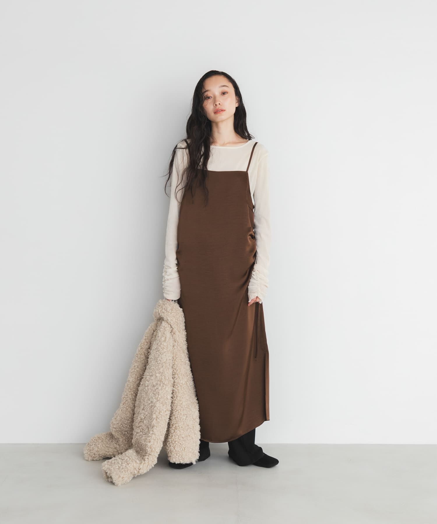  「ドロストサテンキャミワンピース」|ワンピース|ブラウン