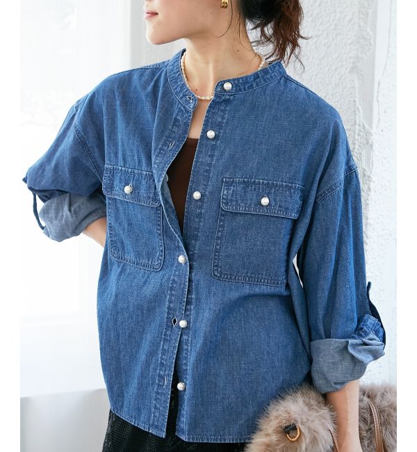  「スタンドネックパールボタンシャツ」|シャツ・ブラウス|ブルー