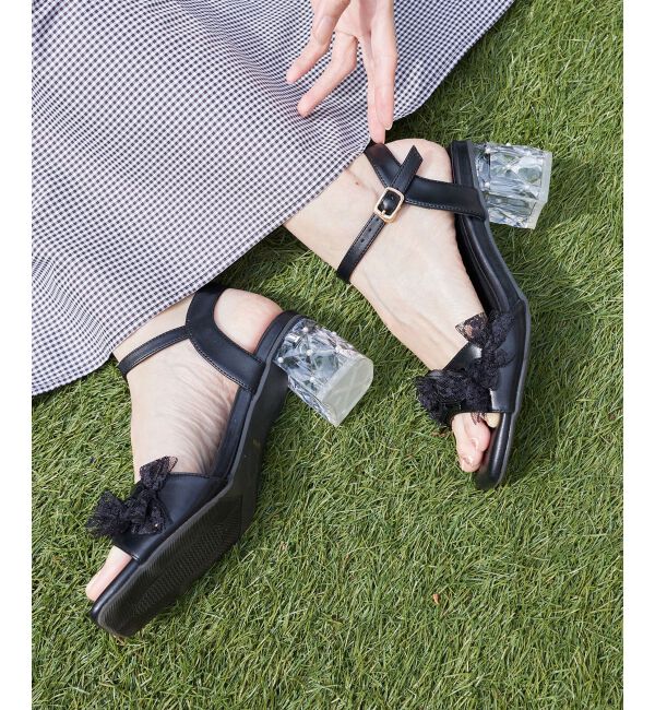  「パールクリアヒールリボンサンダル」|サンダル|ブラック